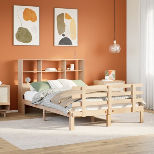 Seng med bokhylle uten madrass 150x200 cm heltre furu 8721158615466