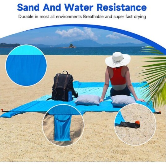 210x210cm Strandmatte Piknikteppe Med 4 Pinner Vanntett Sandtett Bærbar Ultralett Enkel å Pakke