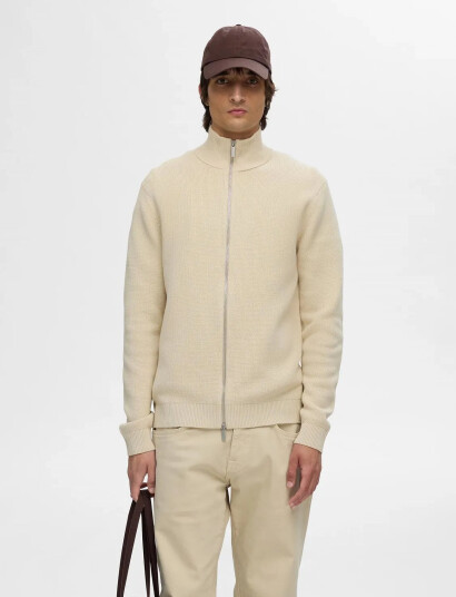 Selected Slhdane Ls Knit Structure Full Zip Noos - Beige - M