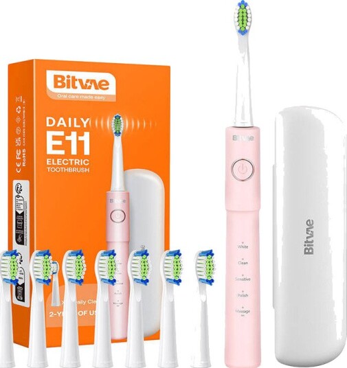 Bitvae BV E11 Sonic elektrisk tannbørste med etui + børstehoder (timer) Rosa