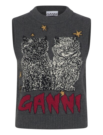 GANNI Graphic Wool Mix Cats Vest Grey S GANNI Graphic Wool Mix Cats Vest Grey S
