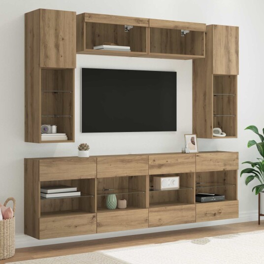  TV vegghyllesett med LED 6 pcs Artisan Eik Konstruert tre