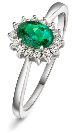 Ring i hvitt gull med diamant og smaragd 0,14 ct WSI størrelse 58