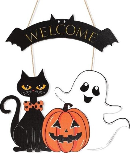 Halloween Hengende Treskilt med Spøkelse, Svart Katt og Gresskar