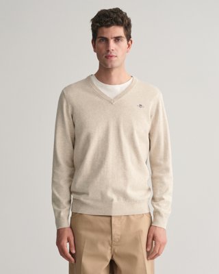 Klassisk bomullsgenser med v-hals LIGHT BEIGE MELANGE XXL