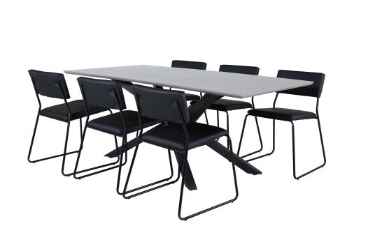 Venture Design Piazza & Kenth spisegruppe Svart/svart 6 stoler & bord 180 x 90 cm
