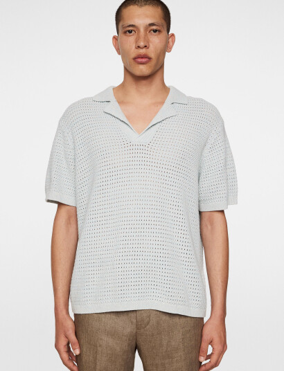 J. Lindeberg Ethan Open Collar Knit Polo - Blue - M J. Lindeberg Ethan Open Collar Knit Polo - Blue - M