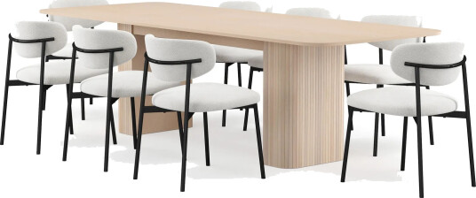Kopparbo Spisebord 200-260 cm Uttrekkbart med ileggsplate med 8 Lucy Spisestoler - Hvit / Hvit Bouclé / Metallben Svart