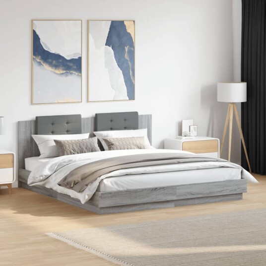  Sengeramme med hodegavl og LED-lys grå sonoma 160x200 cm 8721012277366