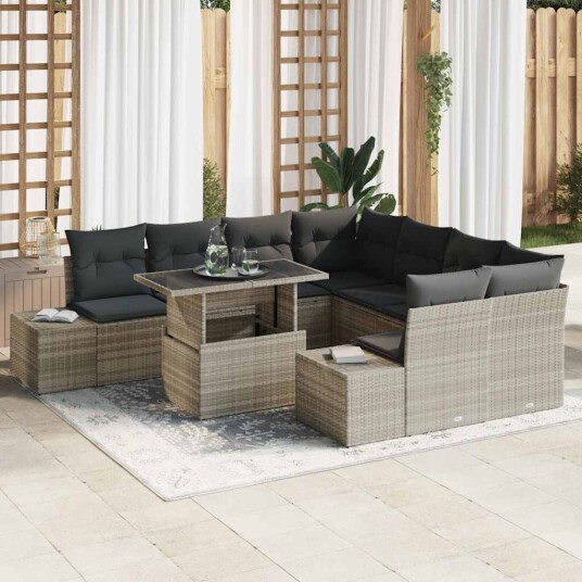 9-delt hagesofa-sett med puter i lysegrå poly rattan