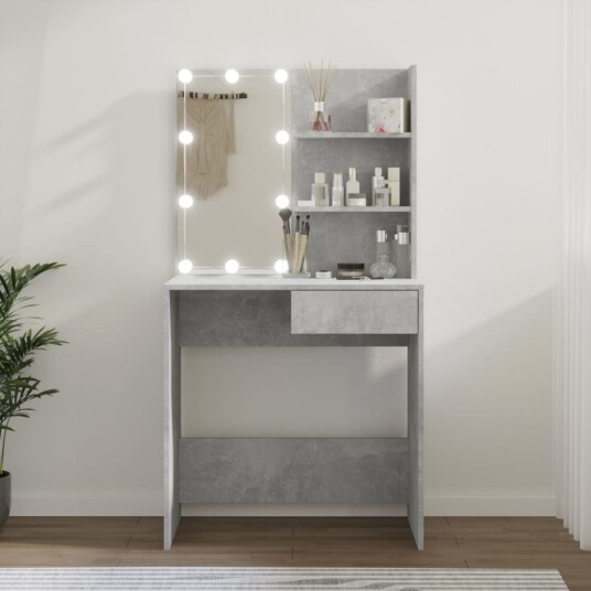 vidaXL Sminkebord med LED betonggrå 74,5x40x141 cm