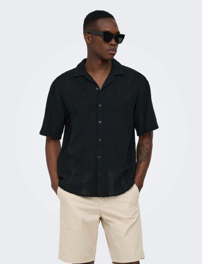 ONLY & SONS Onsdani Crochet Ss Shirt Noos   Black   XS