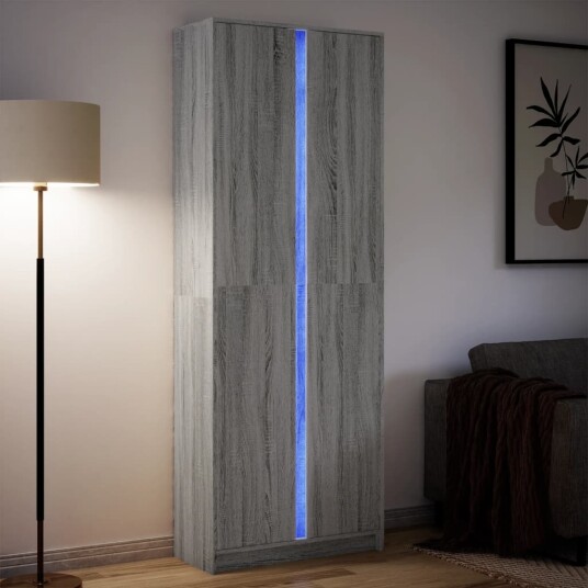 Garderobe med LED grå sonoma 74x32,5x200 cm konstruert tre