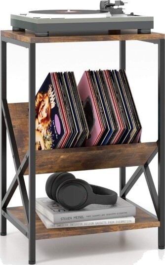 3 etasjes sidebord med V formet magasinhylle rustikk brun