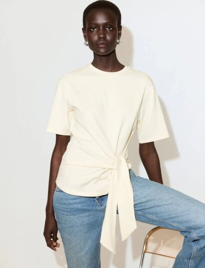 Mango Cotton T Shirt With Side Bow Yellow XS Mango Cotton T Shirt With Side Bow Yellow XS