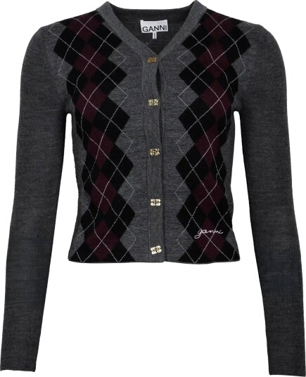 Ganni Fine Merino Jacquard Cardigan Grey S Ganni Fine Merino Jacquard Cardigan Grey S