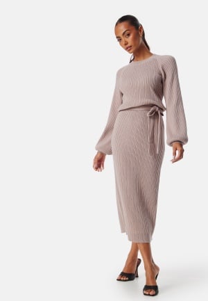 BUBBLEROOM Round Neck Rib Knitted Midi Dress Beige XS