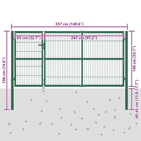  Hageport med stolper 350x140 cm stål grønn