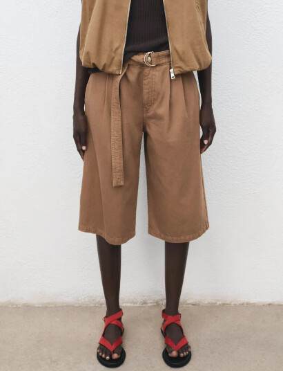 Mango Denim Jorts With Belt - Brown - 32