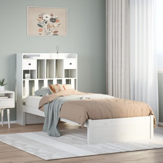 Seng med bokhylle uten madrass hvit 75x190 cm heltre furu 8721158611918