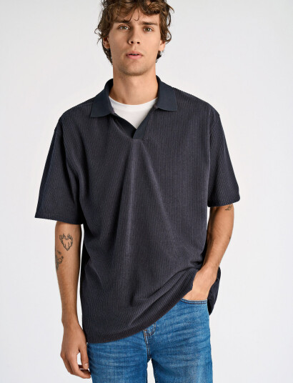 Lindbergh V-Neck Jacquard Polo S/S - Black - L