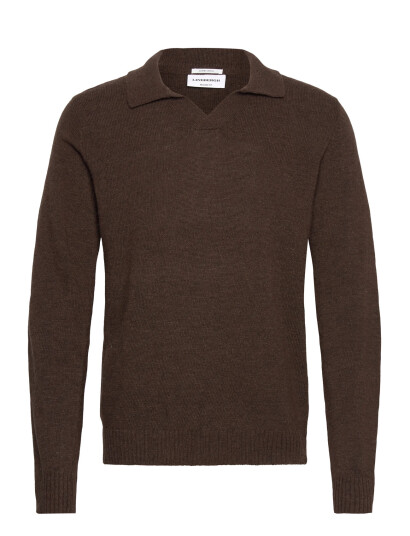 Lindbergh Lambswool L/S V-Neck Polo - Brown - L Lindbergh Lambswool L/S V-Neck Polo - Brown - L