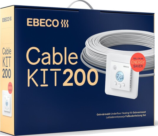 Ebeco Gulvvarmesett Cable Kit 200 Med Varmekabel Og Termostat 107 m, 1180 w