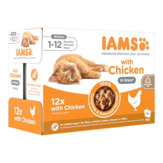 36 + 12 Gratis! 48 X 85 G Iams Adult Delights Kitten: Kylling I Saus
