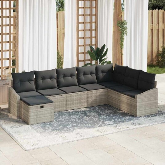 8-delers Hage Sofa Set med Puter Lys Grå Poly Rattan