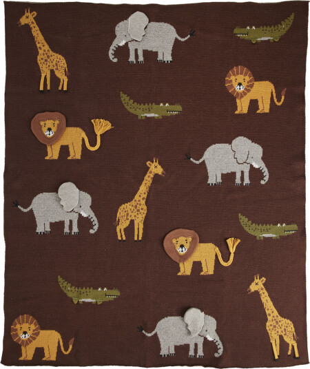 Rice Knitted Baby Blanket with Animals and 3D Details Chocolate Brown