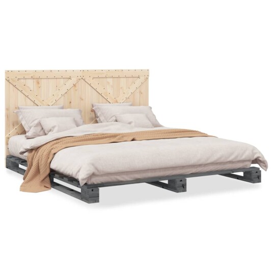 Sengeramme med hodegavl grå 200x200 cm heltre furu 3281585