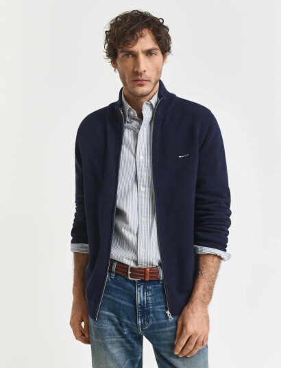 GANT Cotton Pique Zip Cardigan - Navy - S