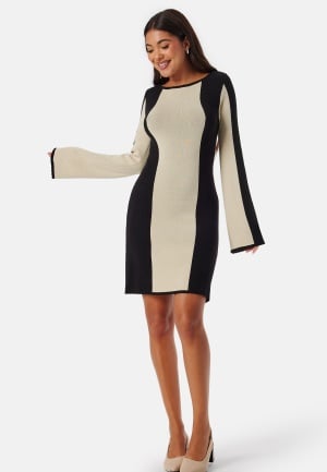 BUBBLEROOM Striped Long Sleeve Knitted Dress Cream/Black L BUBBLEROOM Striped Long Sleeve Knitted Dress Cream/Black L