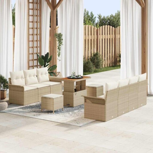 10 Dels Hagesofa Set med Puter Beige Polyrotting Acacia