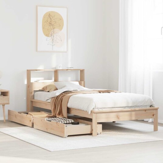 Seng med bokhylle uten madrass 75x190 cm heltre furu 8721158410085