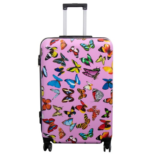 Borg Living Stor koffert - Hardcase koffert med motiv - Rosa med sommerfugltrykk - Eksklusiv lettvekt koffert