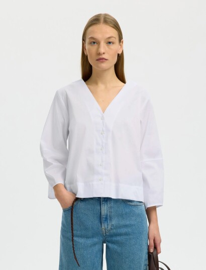 Selected Slfbea 3/4 V Neck Shirt B White 38