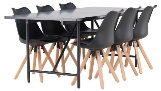 Venture Design Astrid & Zeno spisegruppe Svart/svart 6 stoler & bord 200 x 90 cm