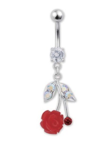 Pen Navlepiercing med hengende Rose & Stener Rød