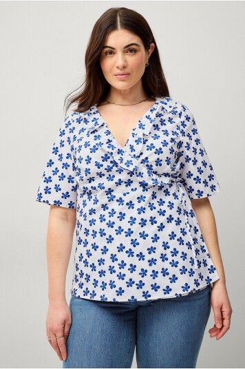 Zizzi - Omslagsbluse vLola S/S Wrap Aop Top - Blå