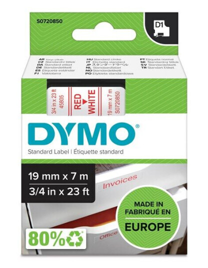 DYMO D1 tape, 19mm x 7m rulle, rød på hvid, selvklæbende tape til LabelManager printere, original DYMO D1 tape, 19mm x 7m rulle, rød på hvid, selvklæbende tape til LabelManager printere, original