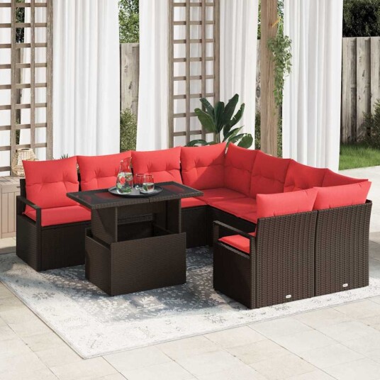 vidaXL Hagesofa Set 9 stk. 8-Antall seter Brun og rød polyrotting