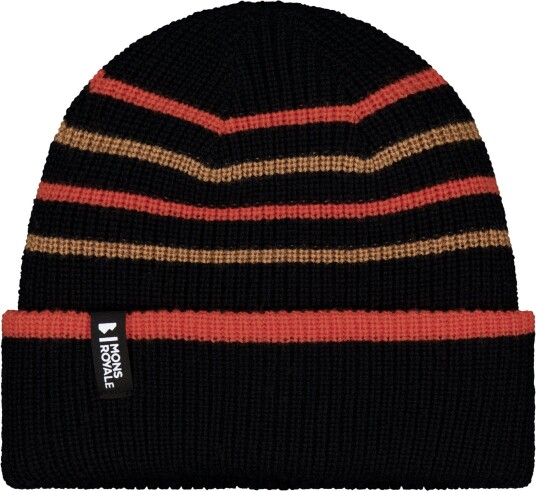 Mons Royale Stripey Merino Beanie Black/sun Orange/tan One Size