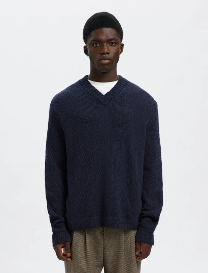 Selected Slhangus Ls Knit Relaxed V-Neck - Navy - M