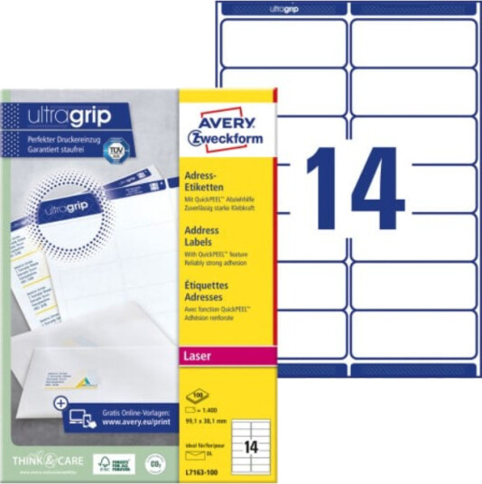Avery-adresseetiketter med QuickPEEL™ og Ultragrip 99,1 x 38,1 mm 1400-etiketter hvit SAV-L7163-100