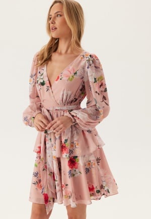 Goddiva Floral Long Sleeve Tiered Skater Dress Peach Floral L (UK14) Goddiva Floral Long Sleeve Tiered Skater Dress Peach Floral L (UK14)