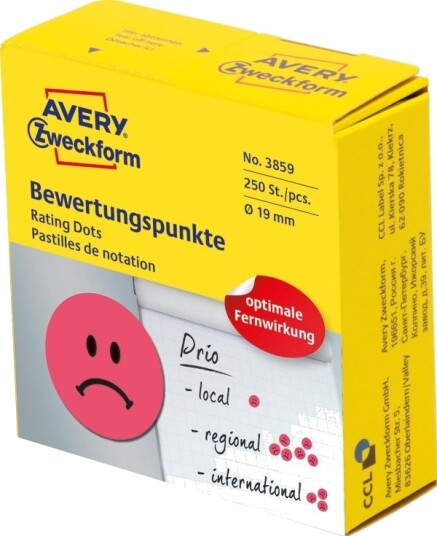 Avery 3859 Rød Sirkel Permanent Papir 1,9 Cm 250 Stykker