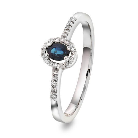 Pan Jewelry, Ring i 585 hvitt gull med safir og diamanter 0,08 ct, størrelse 60