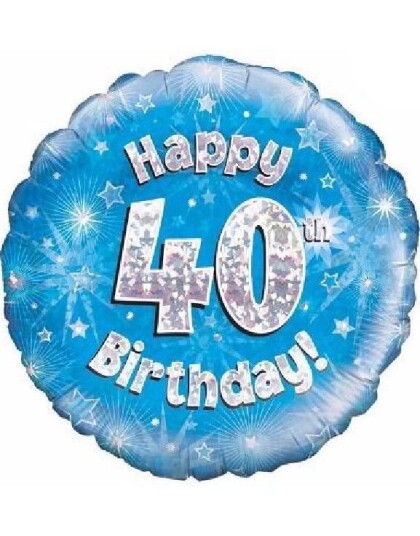 Happy 40th Birthday   Blå og Sølvfarget Holografisk Folieballong 45 cm