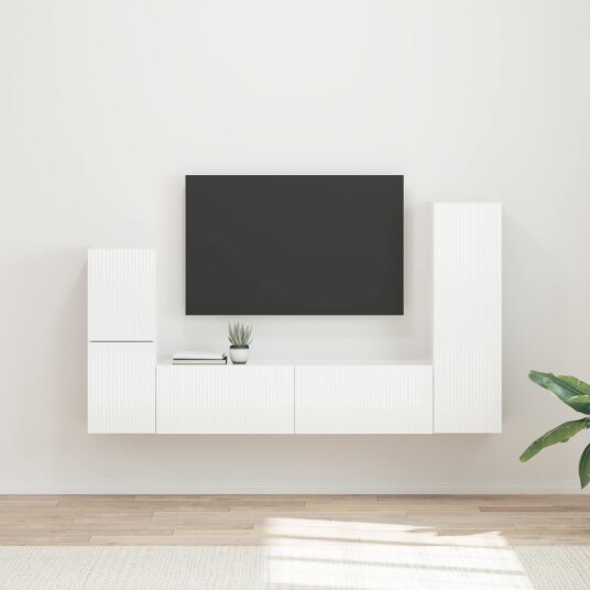 TV benksett Veggmontert 4 pcs Høyglanset hvit Konstruert tre TV benksett Veggmontert 4 pcs Høyglanset hvit Konstruert tre